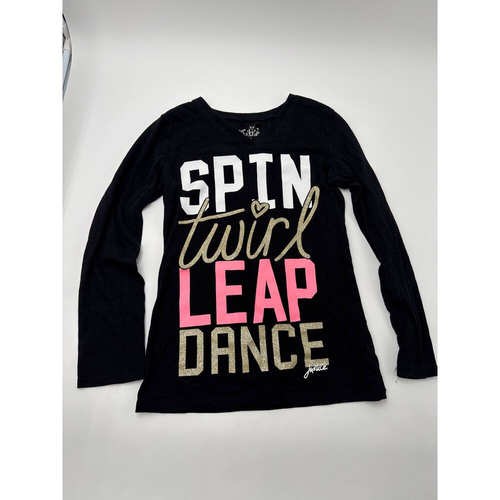Justice Girls Long Sleeve Dance Shirt Size 8 Black Pink Glitter Graphic